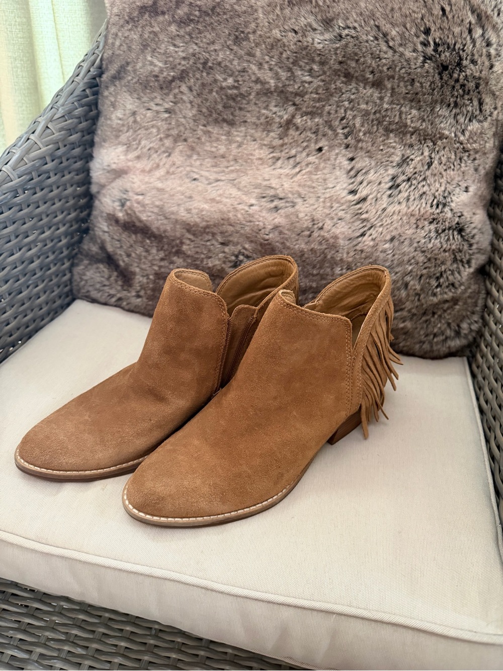 Lucky Brand Tan Suede Fringe Ankle Booties
